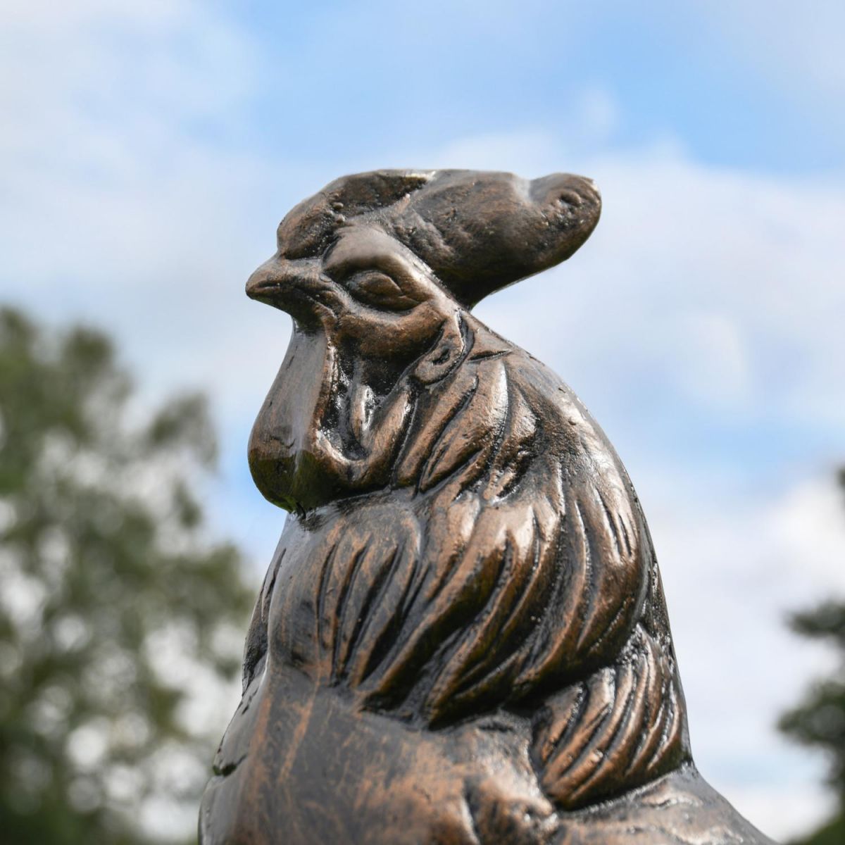 Close-Up of Recycled Cast Aluminium Bronze "Crowing" Rooster Sculpture
