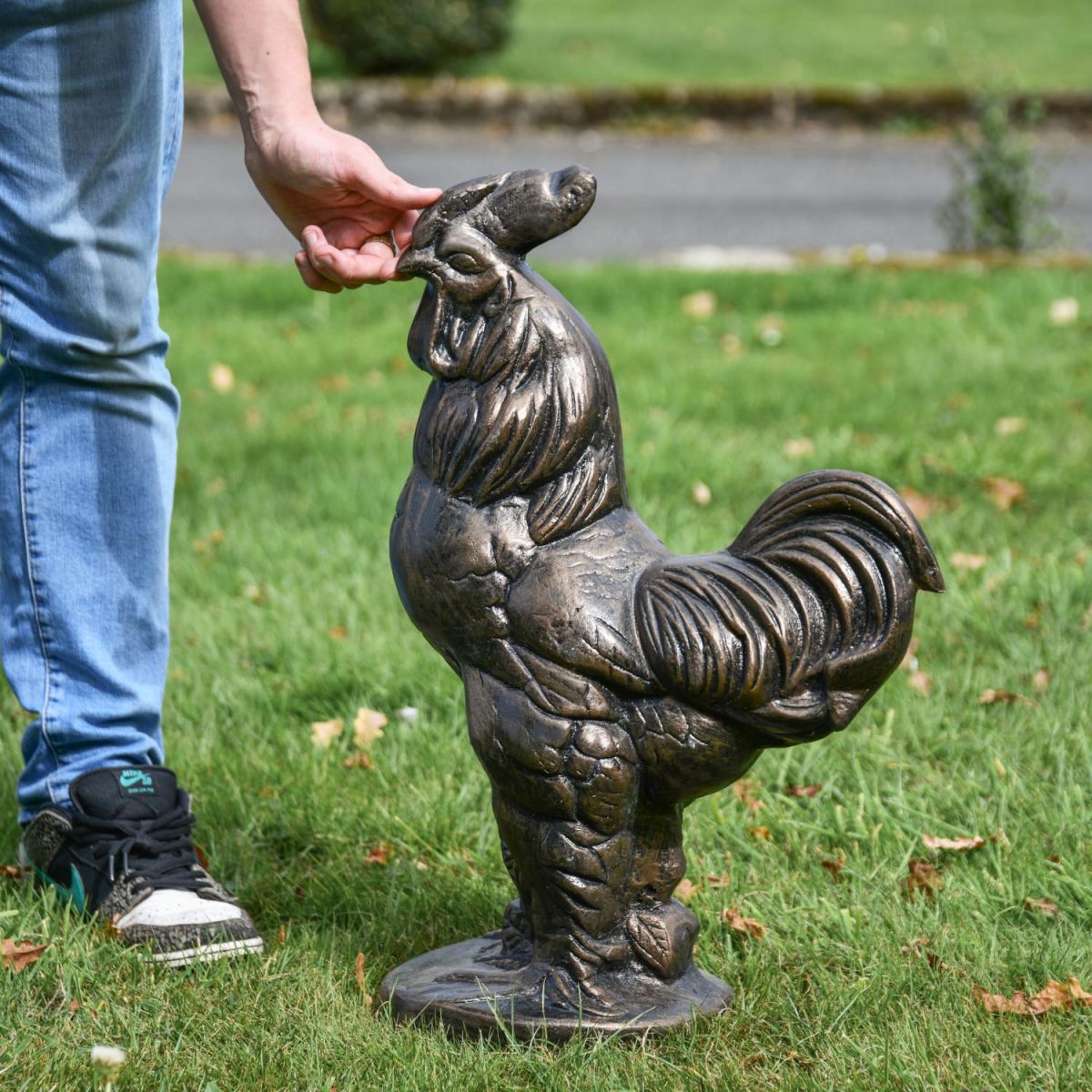 Scale Shot of Recycled Cast Aluminium Bronze "Crowing" Rooster Sculpture