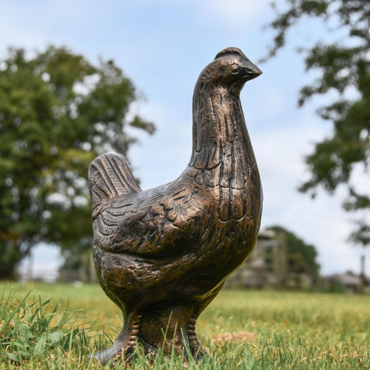 Recycled Cast Aluminium Bronze Dauntless Chicken Sculpture in Situ