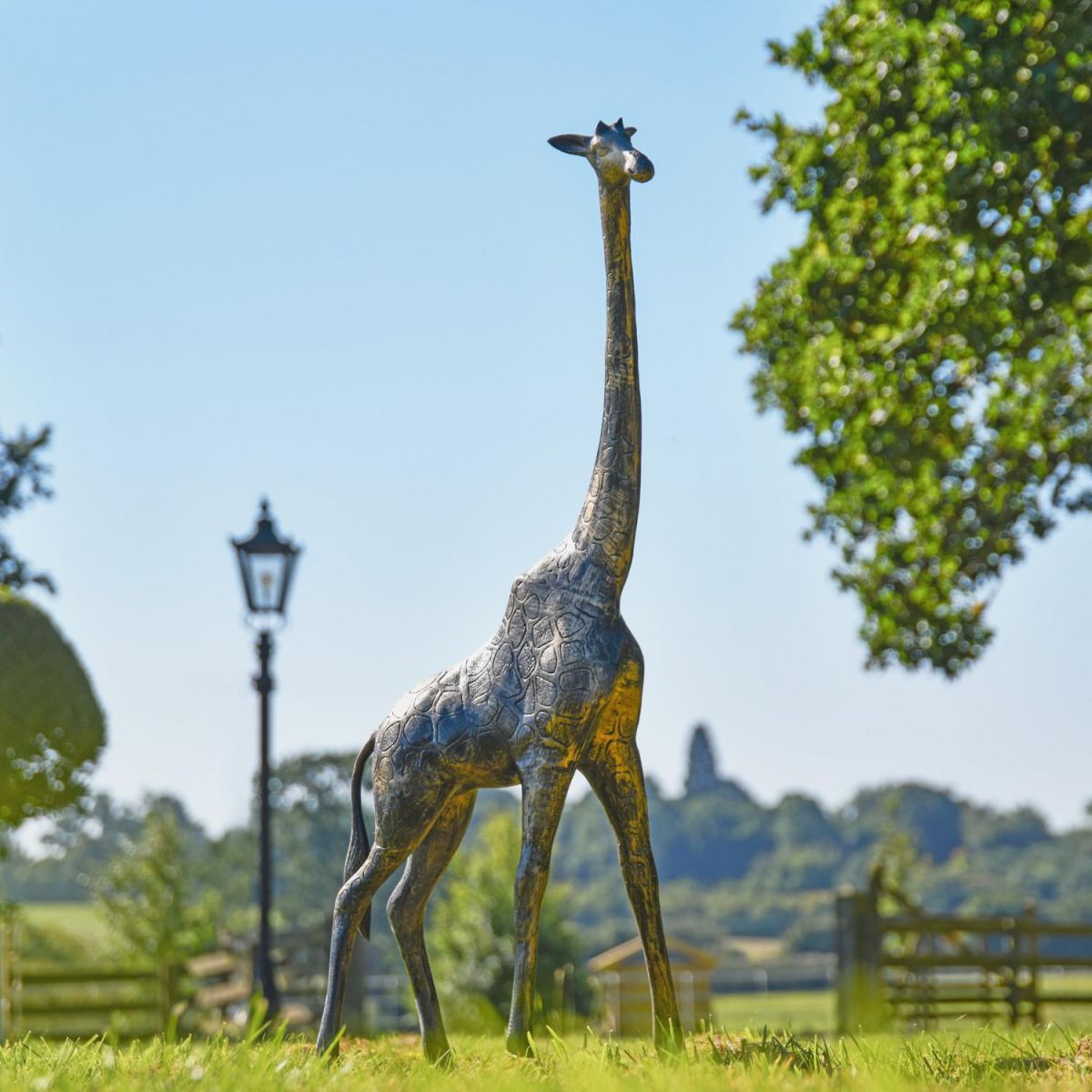 Recycled Cast Aluminium Brushed Gold Giraffe Sculpture - 122cm in Situ