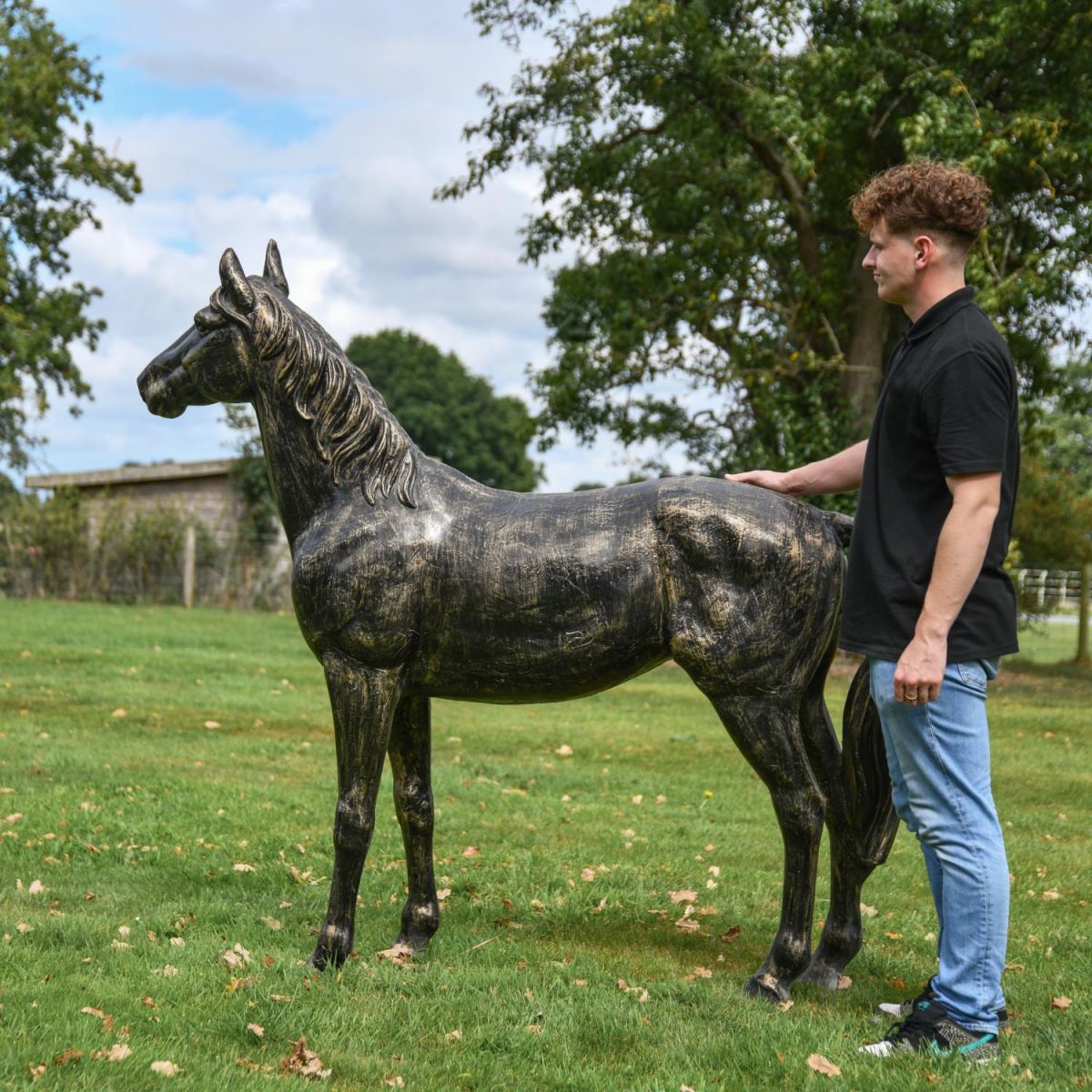 Scale Shot of Recycled Cast Aluminium Brushed Gold "Goldado" Horse Sculpture Scale Shot of Recycled Cast Aluminium Brushed Gold "Goldado" Horse Sculpture