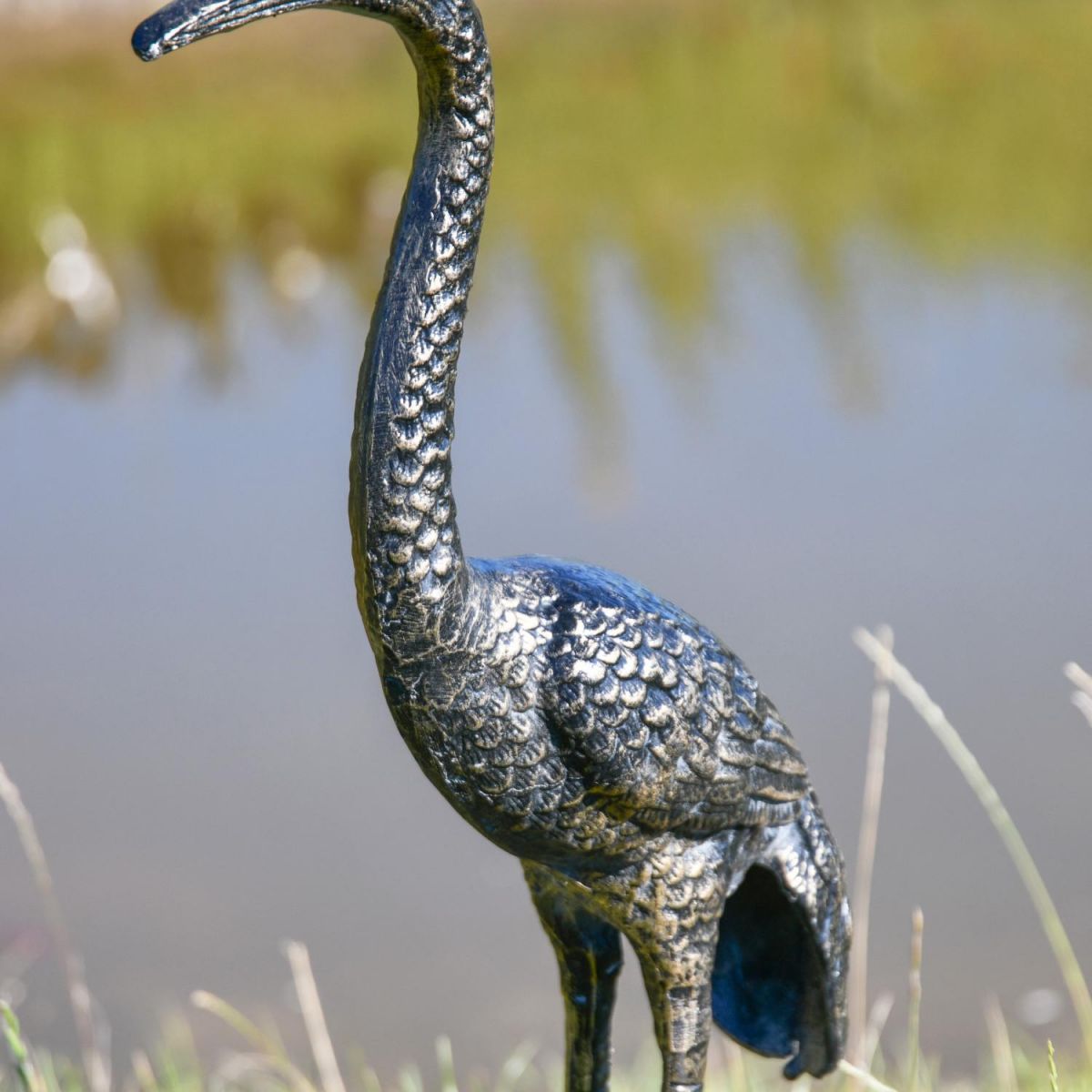 Close-Up of Detail on Recycled Cast Aluminium Brushed Gold Goliath Heron Sculpture