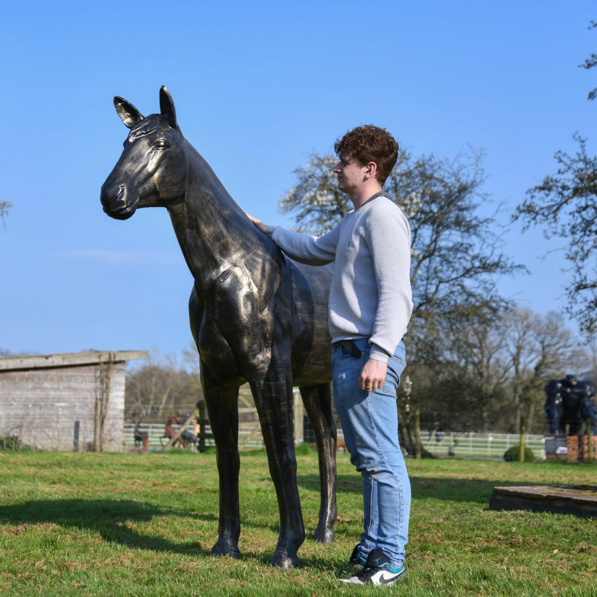 Scale Shot of Recycled Cast Aluminium Brushed Gold Roached Horse Sculpture  Scale Shot of Recycled Cast Aluminium Brushed Gold Roached Horse Sculpture