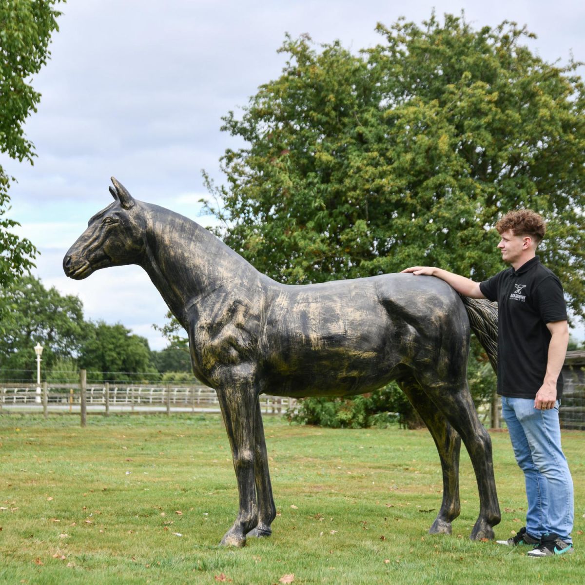 Scale Shot of Recycled Cast Aluminium Brushed Gold Secretariat Horse Sculpture 