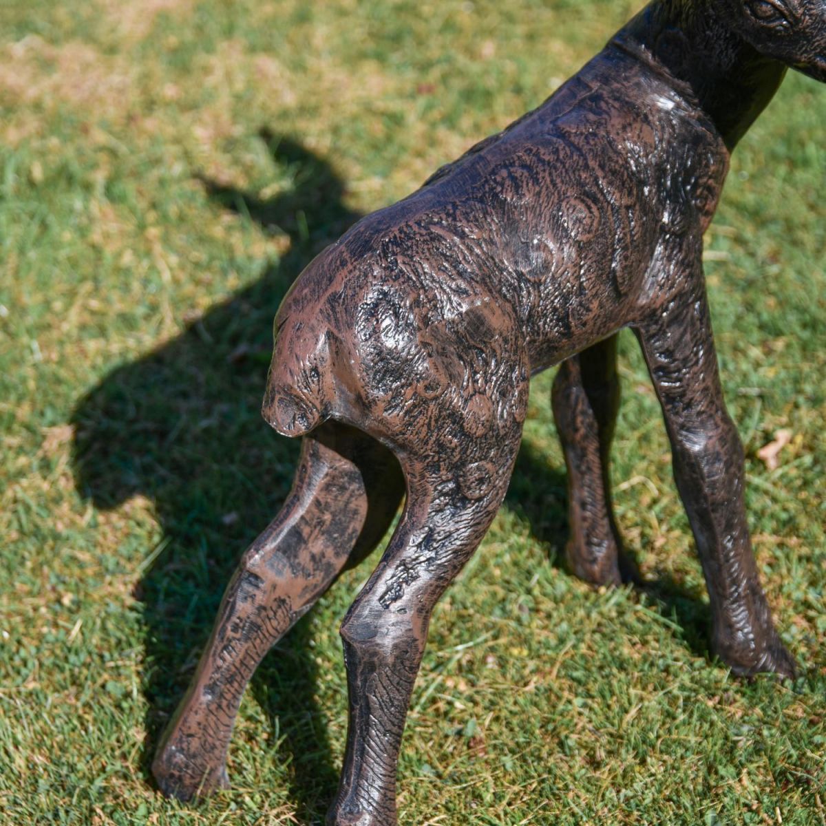 Close-Up of Detail on Recycled Cast Aluminium Brushed Gold Standing Fawn Sculpture