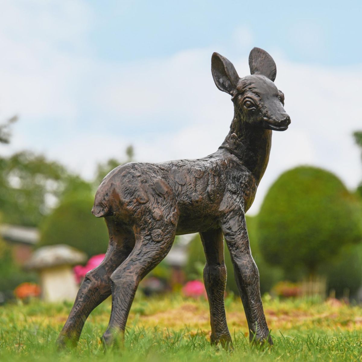 Situ Shot of Recycled Cast Aluminium Brushed Gold Standing Fawn Sculpture