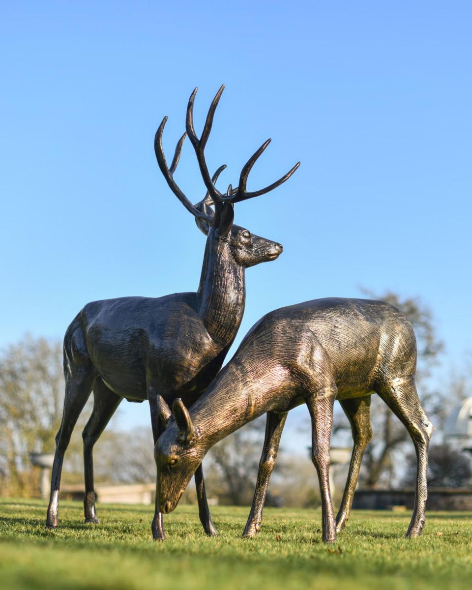 Recycled Cast Aluminium Stag & Doe Sculpture Set In Situ