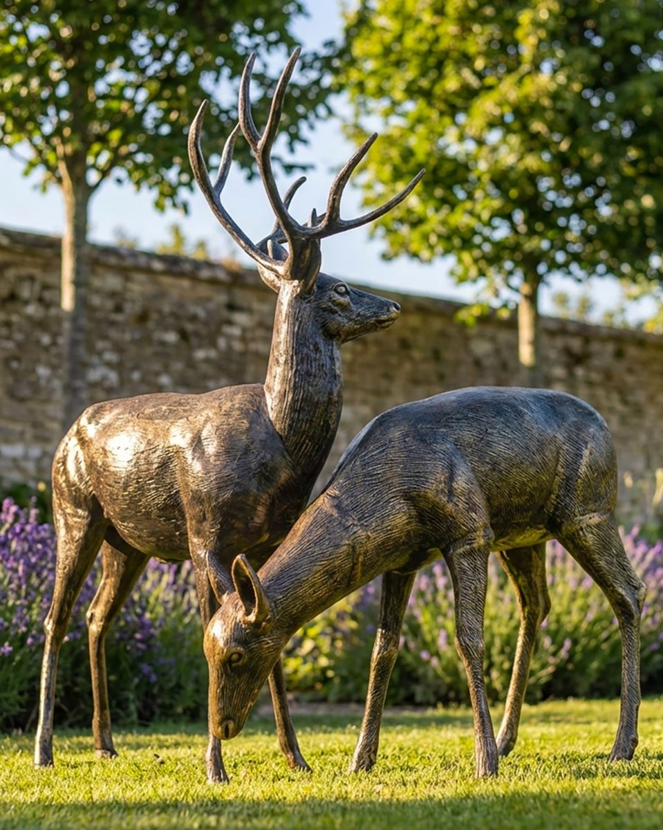 Recycled Cast Aluminium Stag & Doe Sculpture Set