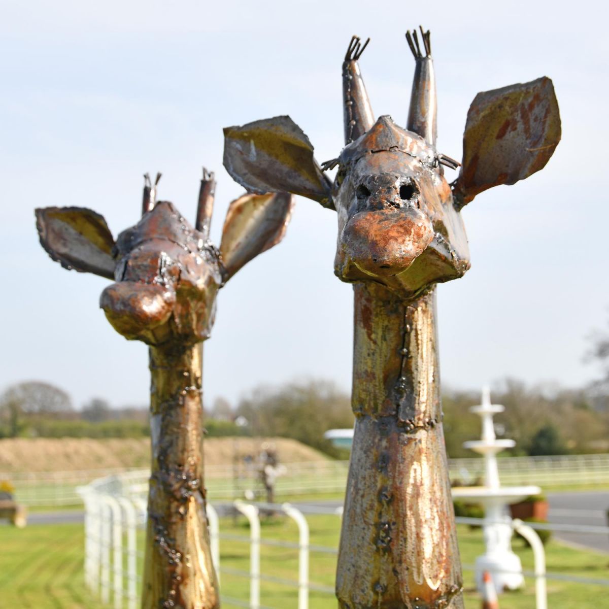 View of the Front of the Heads of the Recycled Metal Twin Giraffe Sculpture