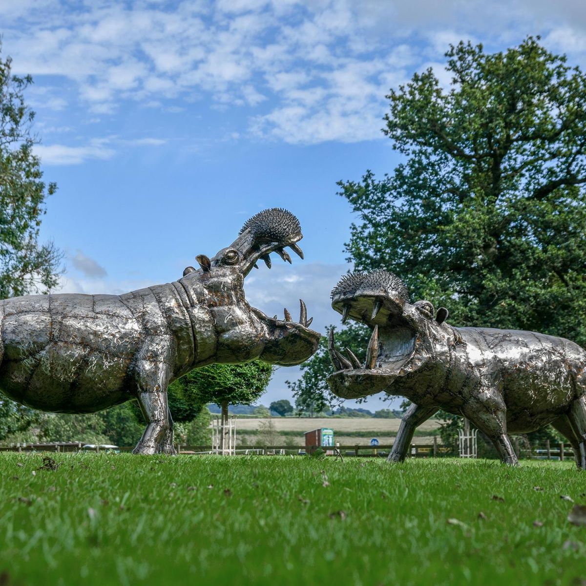 Two Recycled Metal Hippo Sculpture Fighting Two Recycled Metal Hippo Sculpture Fighting
