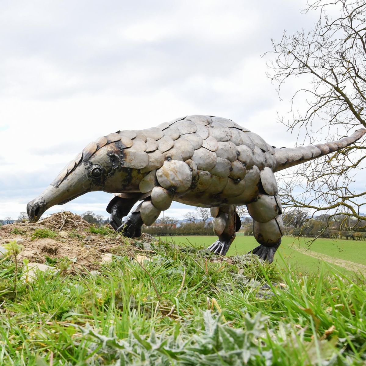 Recycled Metal Pangolin Sculpture in Situ in the Garden