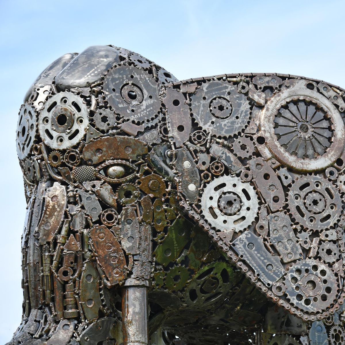 Close-up of the Face of the Recycled Parts Metal Elephant Sculpture