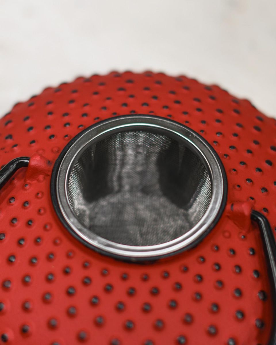 Close-Up of Tea Infuser for Red & Black Cast Iron "Ushirode Kyusu" Japanese Style Teapot