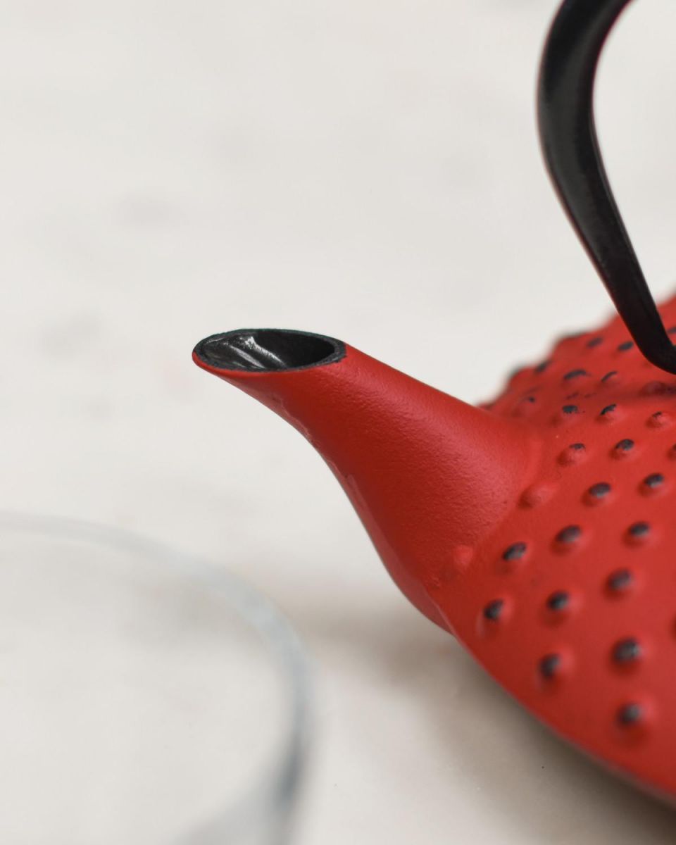 Close-Up of Teapot Spout for Red & Black Cast Iron "Ushirode Kyusu" Japanese Style Teapot