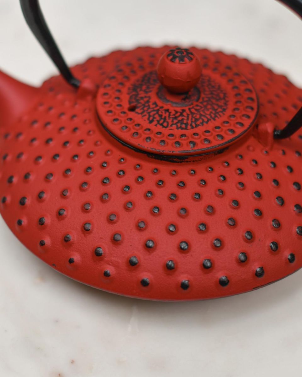 Close-Up of Black Dotted Pattern on Red Cast Iron Teapot