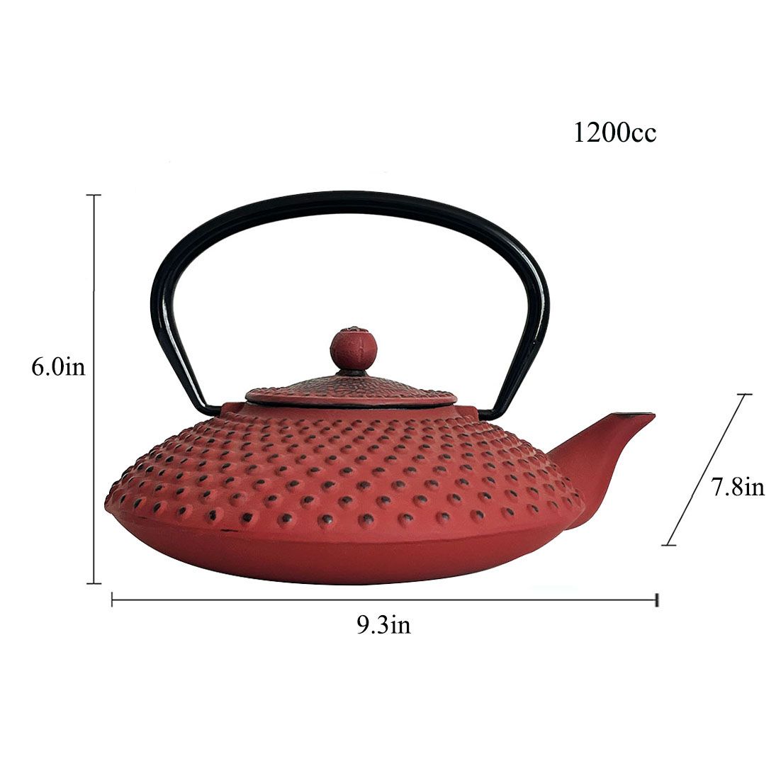 Red & Black Cast Iron "Ushirode Kyusu" Japanese Style Teapot Dimensions