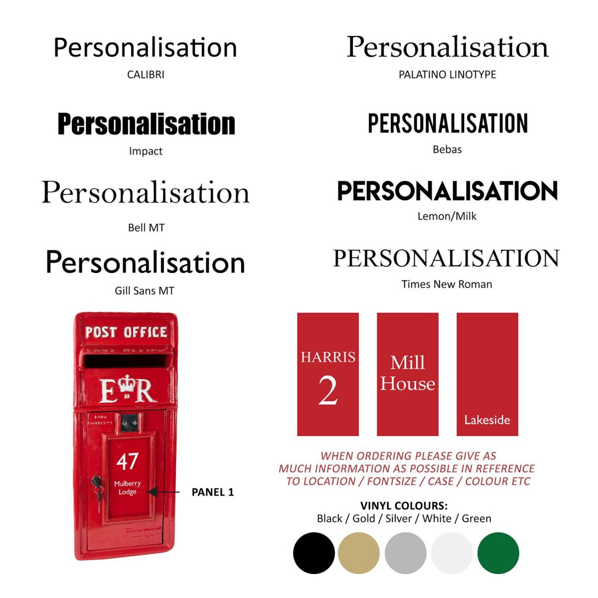 Fonts Available for Personalisation on the Traditional Post Box Front