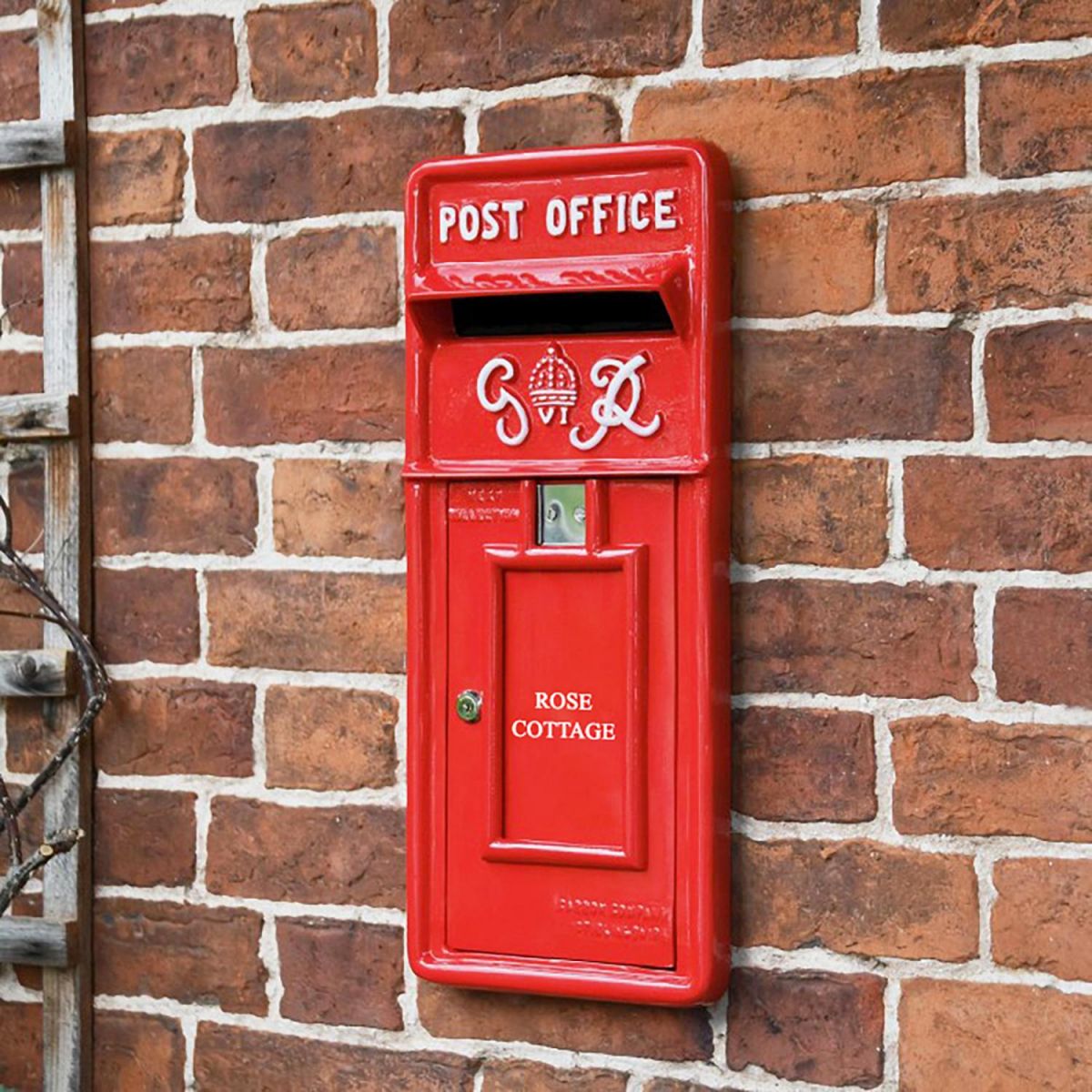 Personalised Red "King George" Rex Post Box Front Mounted on a Brick Wall