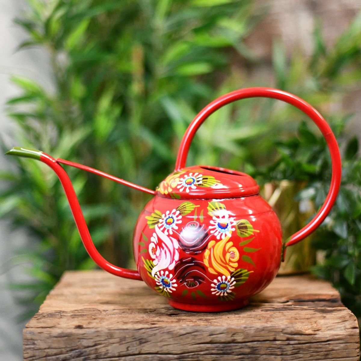 Red Narrowboat Watering Can with Floral Design