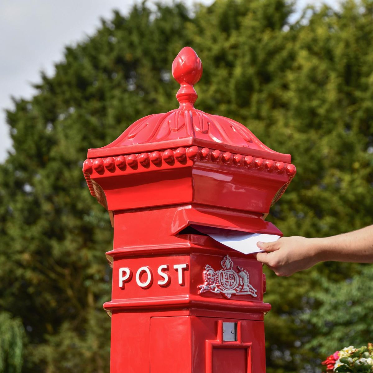 Penfold Pillar Post Box - Red Finish in Use Penfold Pillar Post Box - Red Finish in Use