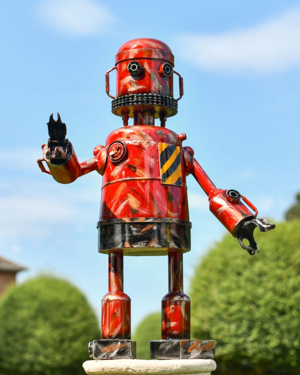Red Recycled Metal Robot Sculpture Red Recycled Metal Robot Sculpture