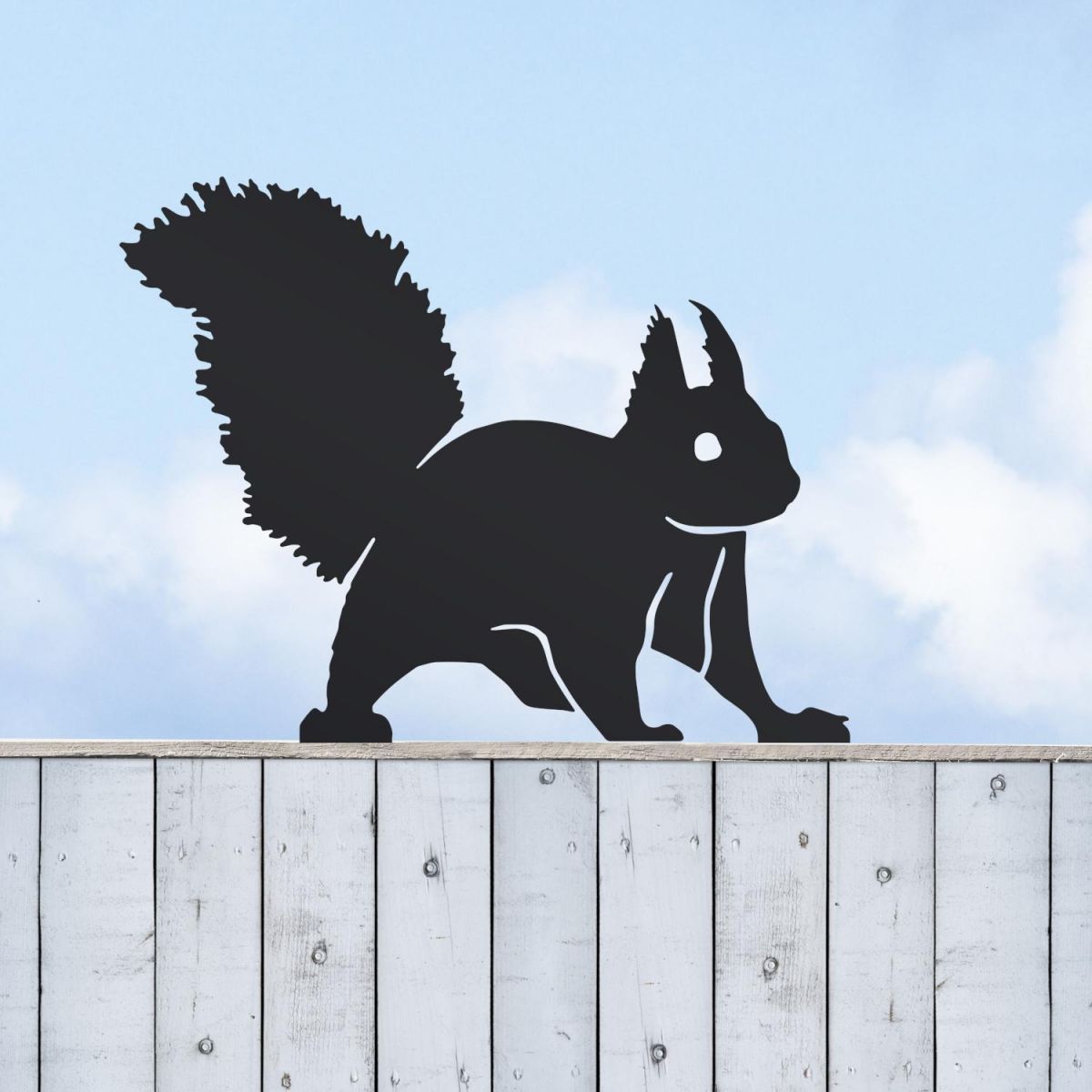 Black Sheet Steel Fence Topper with Red Squirrel Design in Situ Black Sheet Steel Fence Topper with Red Squirrel Design in Situ