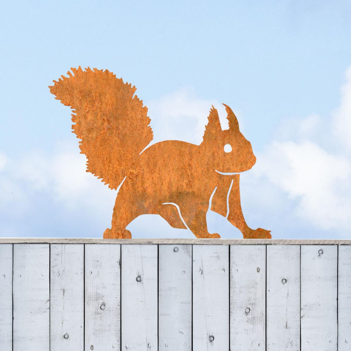 Rustic Sheet Steel Fence Topper with Red Squirrel Design in Situ