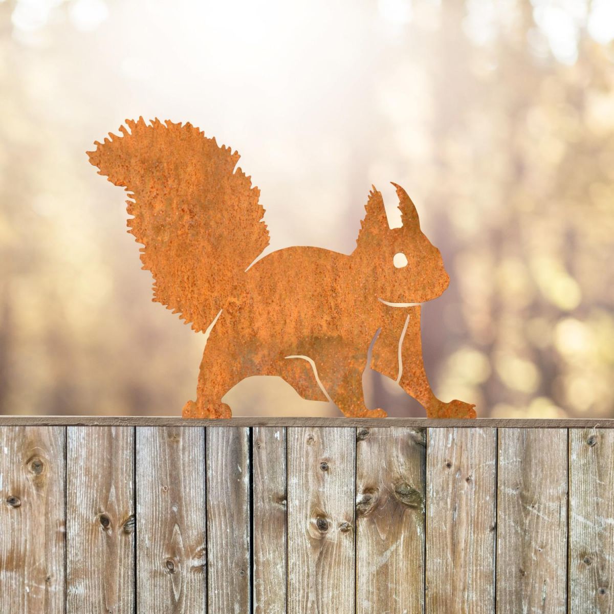 Red Squirrel Sheet Steel Fence Topper in Rustic Finish in Situ