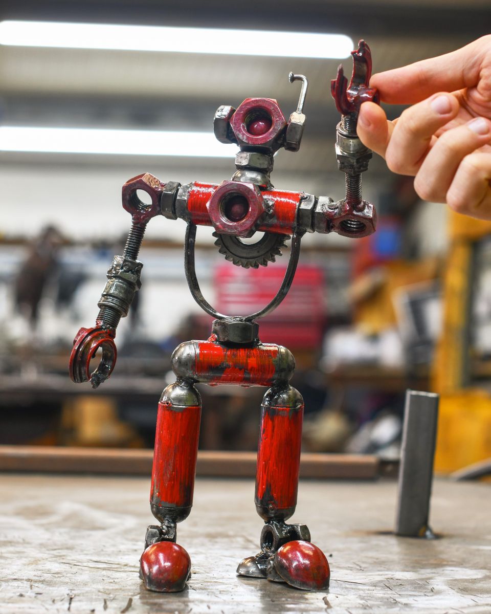 Red Upcycled Metal Robot Sculpture 