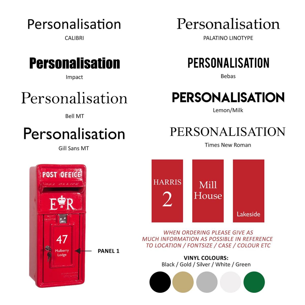 Fonts Available for Personalisation on the Wall Mounted Post Box