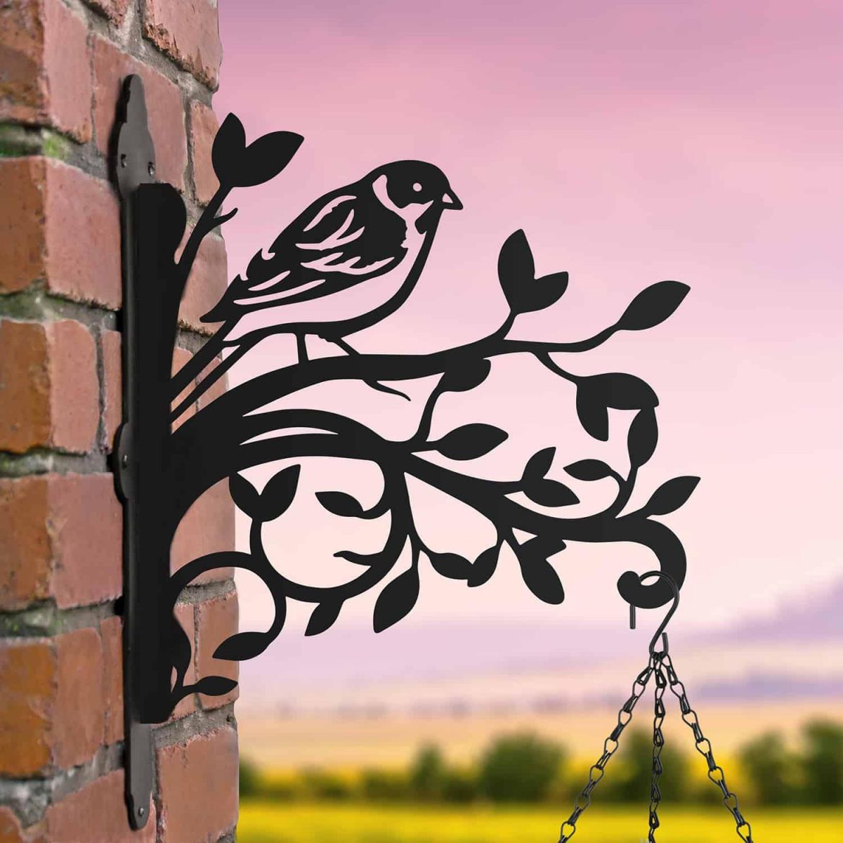 Steel Hanging Basket Bracket with Reed Bunting on Branches Motif