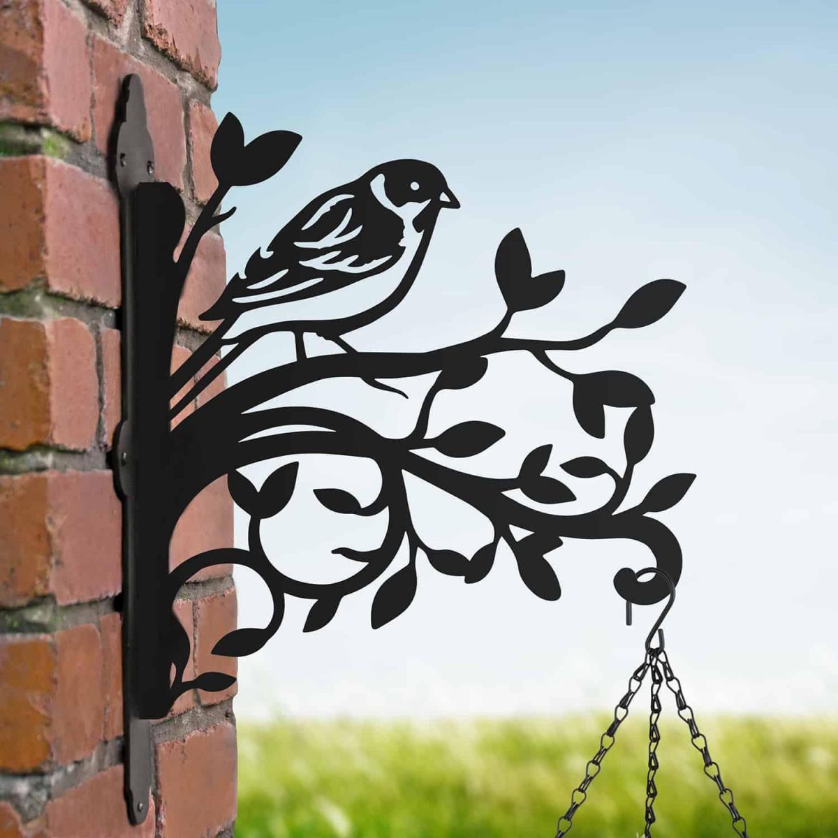 Steel Hanging Basket Bracket with Reed Bunting on Branches Topper