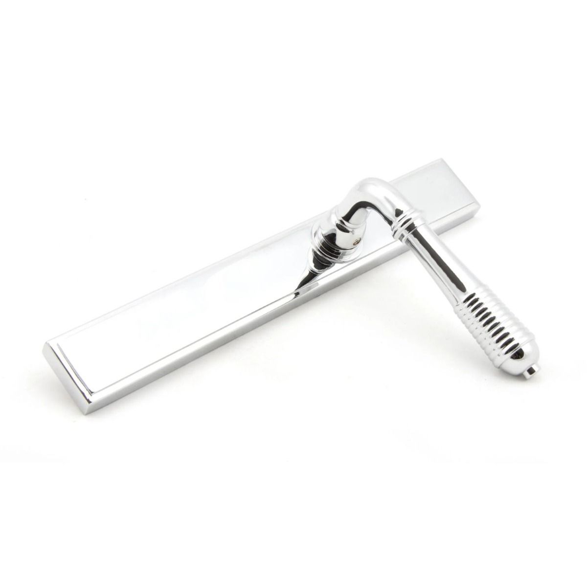 Reeded Slimline Lever Espagnolette Door Latch in Polished Chrome Shown on its Side 