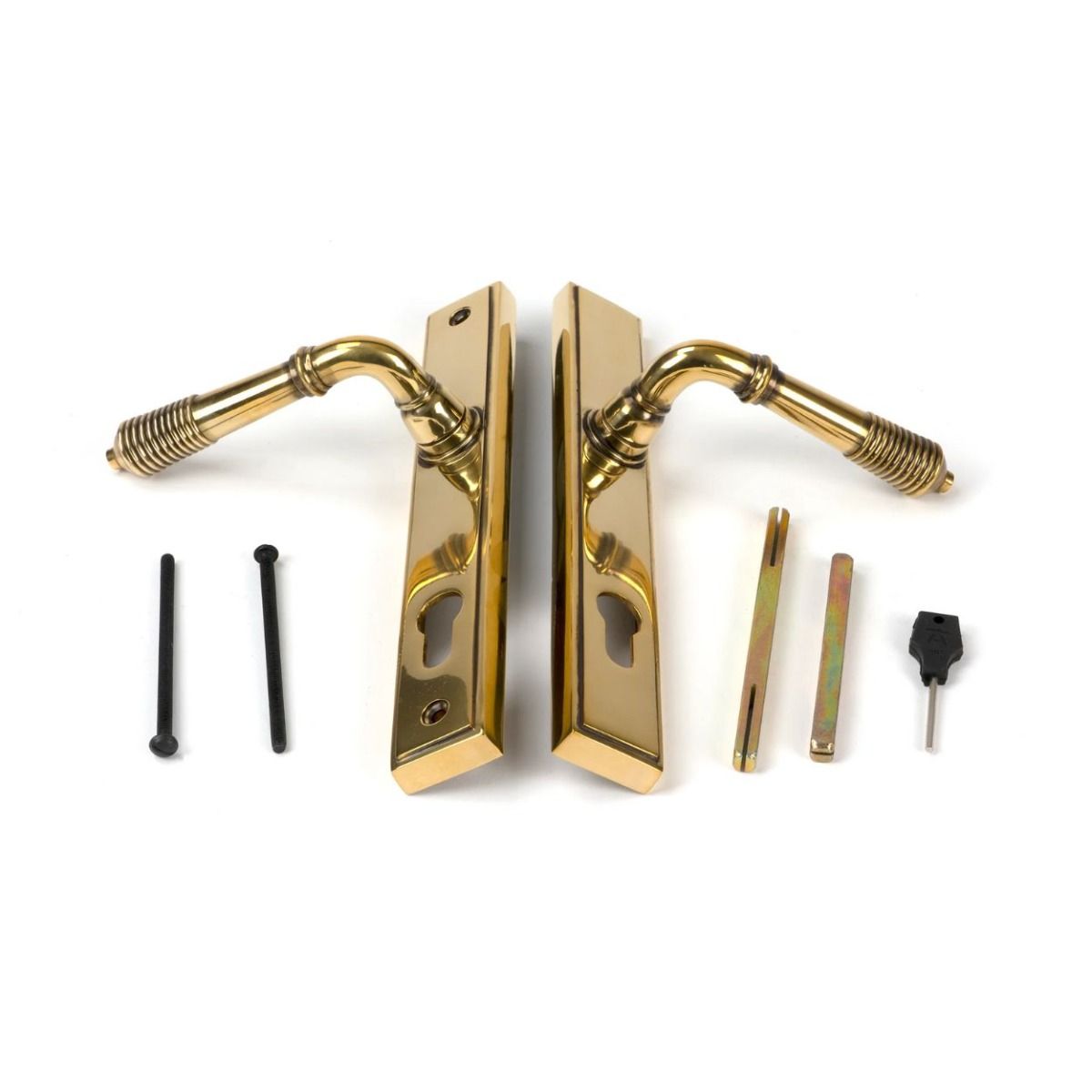 Ribbed Slimline Exterior Door Handle in an Aged Brass Finish Showing Front and Back with Screws