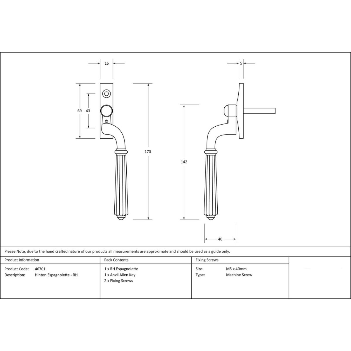 Right-Handed Georgian Espagnolette Window Handle Technical Drawing 