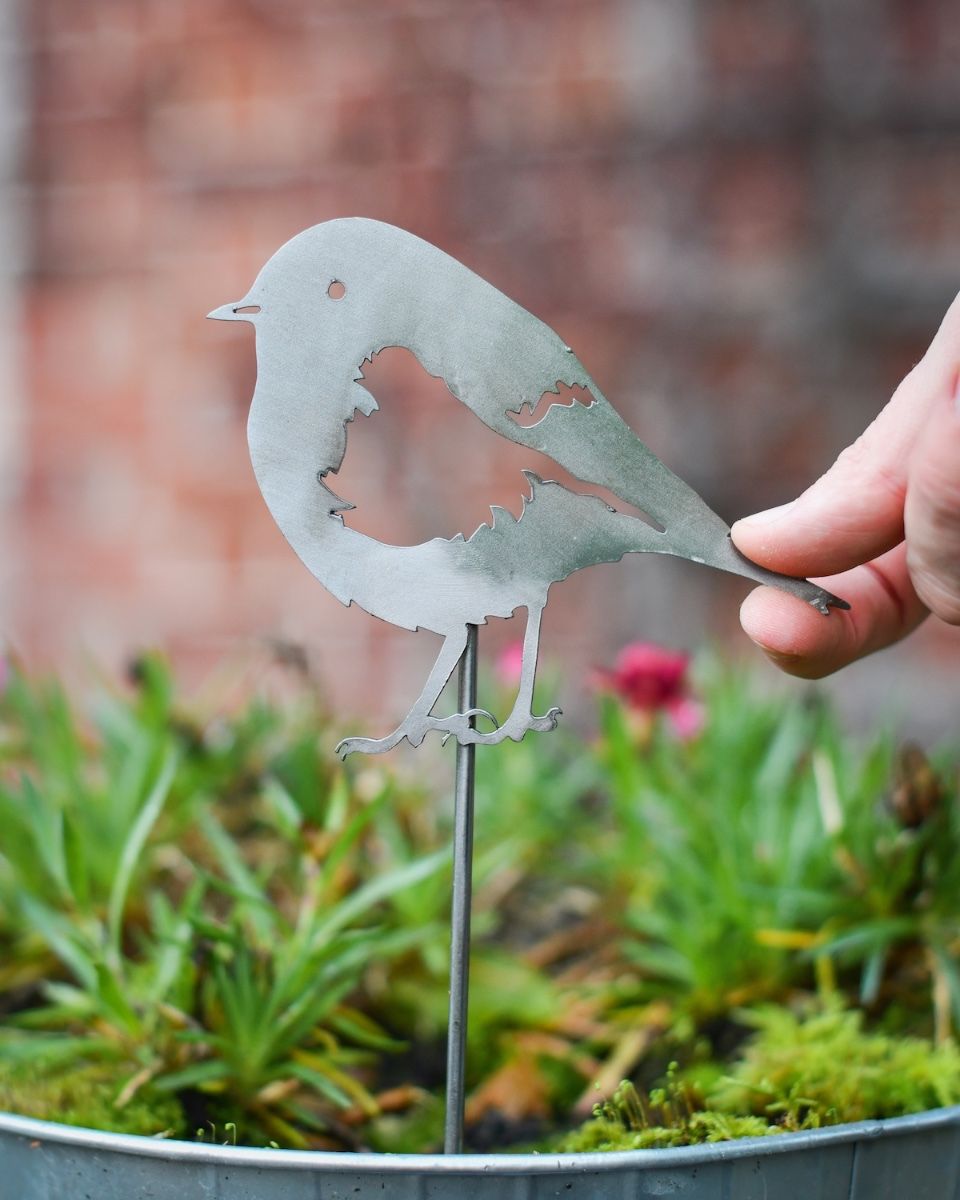 Robin Artistic Plant Pot Spike - Set of Two with hand in shot for scale