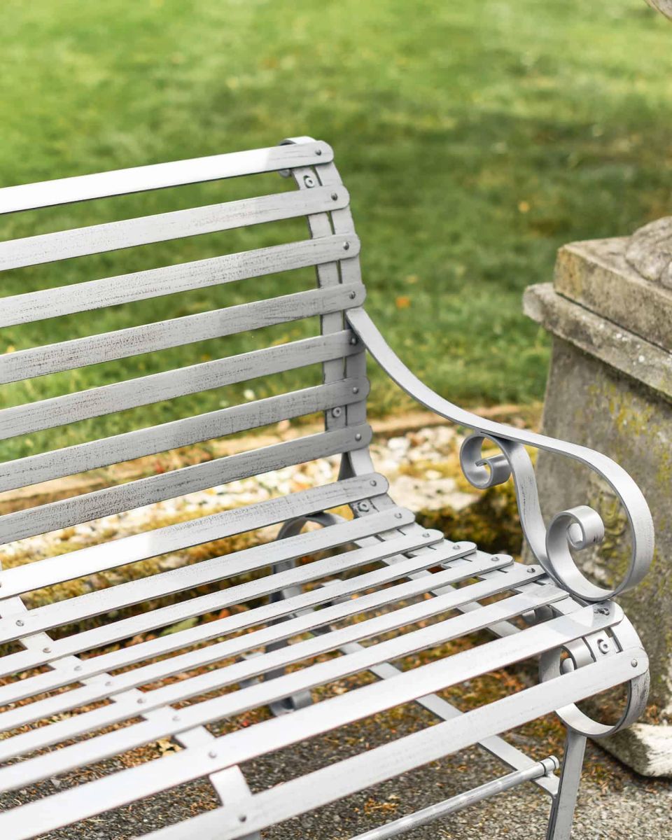 Close-Up of Grey Robust “Chatham" Three Seater Park Bench in Situ