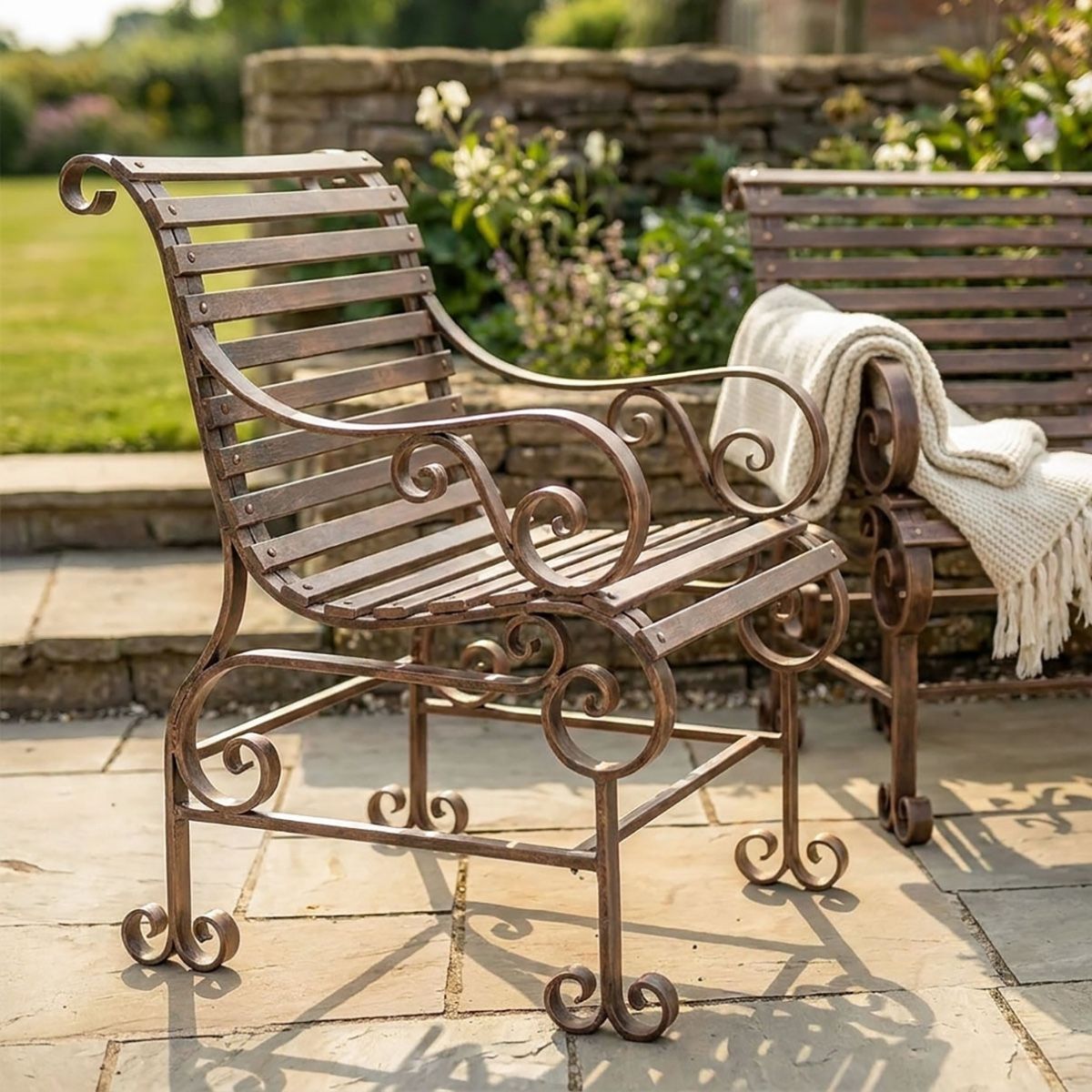 Robust "Chatham" One & Three Seater Park Bench Set - Rustic Wrought Iron Digital Illustration close up Chair