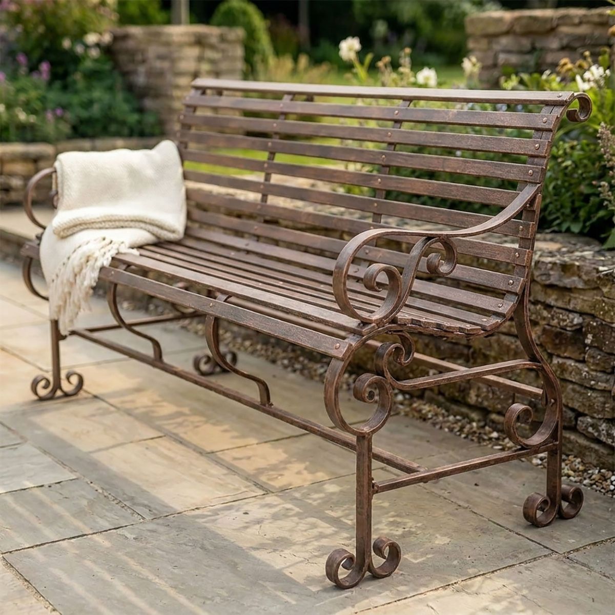 Robust "Chatham" One & Three Seater Park Bench Set - Rustic Wrought Iron Digital Illustration close up 