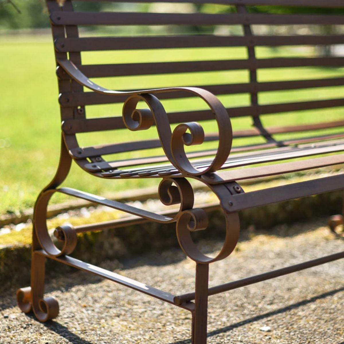 Robust "Chatham" One & Two Seater Park Bench Combo - Rustic Wrought Iron Digital illustration Arm Close Up