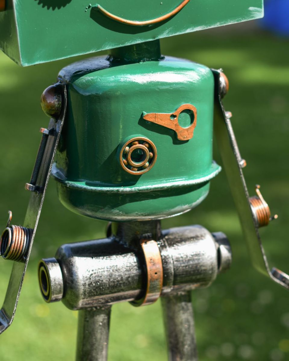 Close up of Rodney Recycled Metal Robot Sculpture Body Close up of Rodney Recycled Metal Robot Sculpture Body