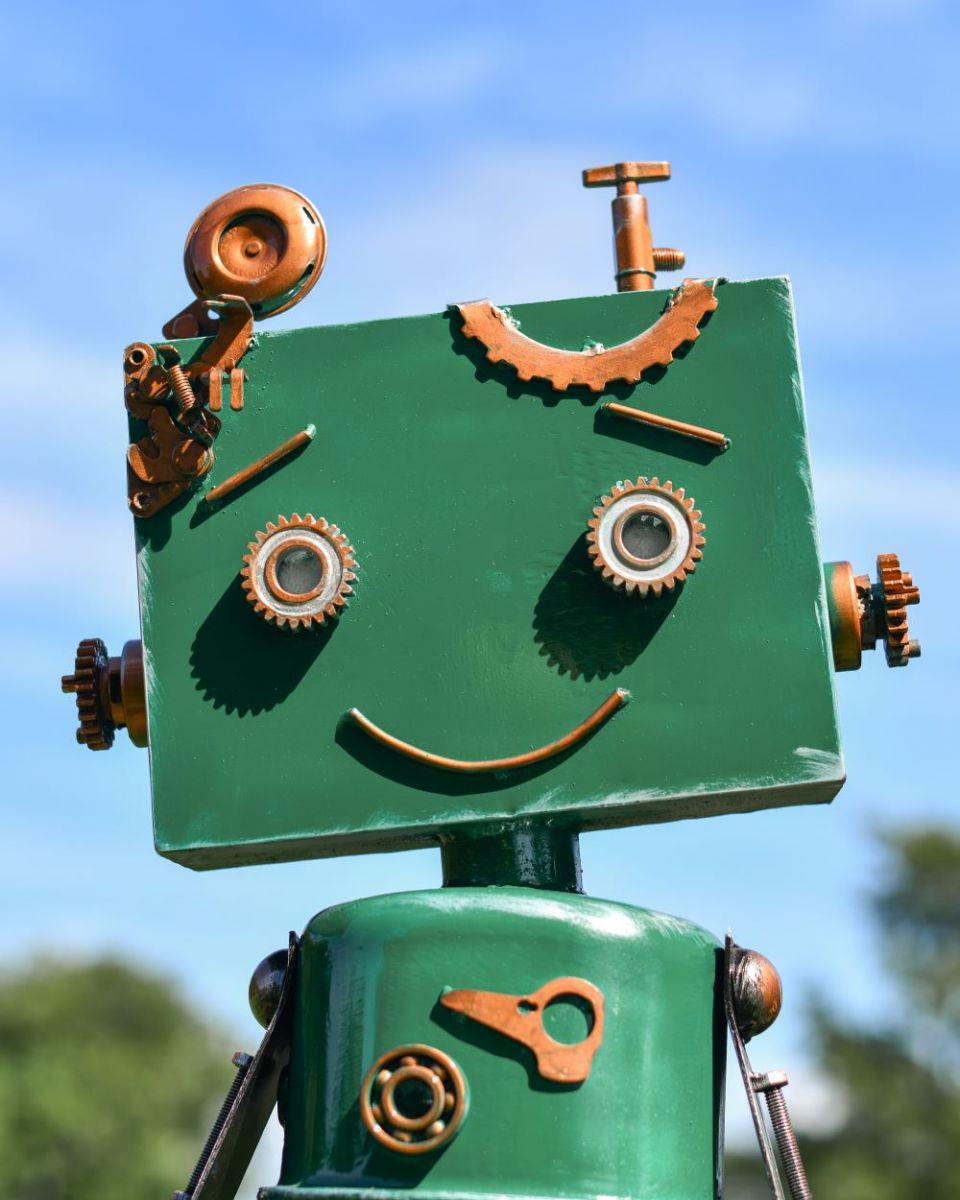 Close up of Rodney Recycled Metal Robot Sculpture face Close up of Rodney Recycled Metal Robot Sculpture face