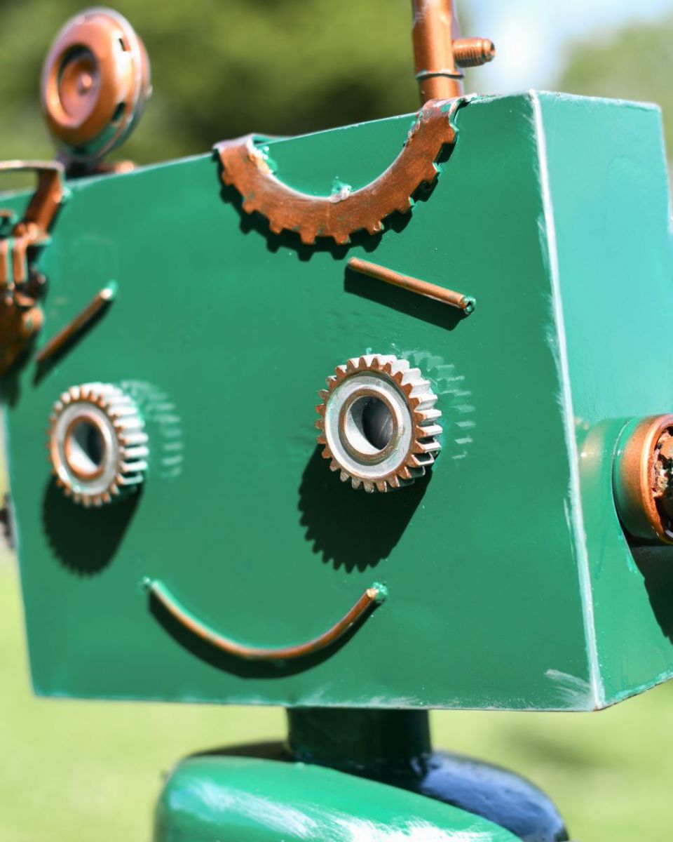 Close up of Rodney Recycled Metal Robot Sculpture head Close up of Rodney Recycled Metal Robot Sculpture head