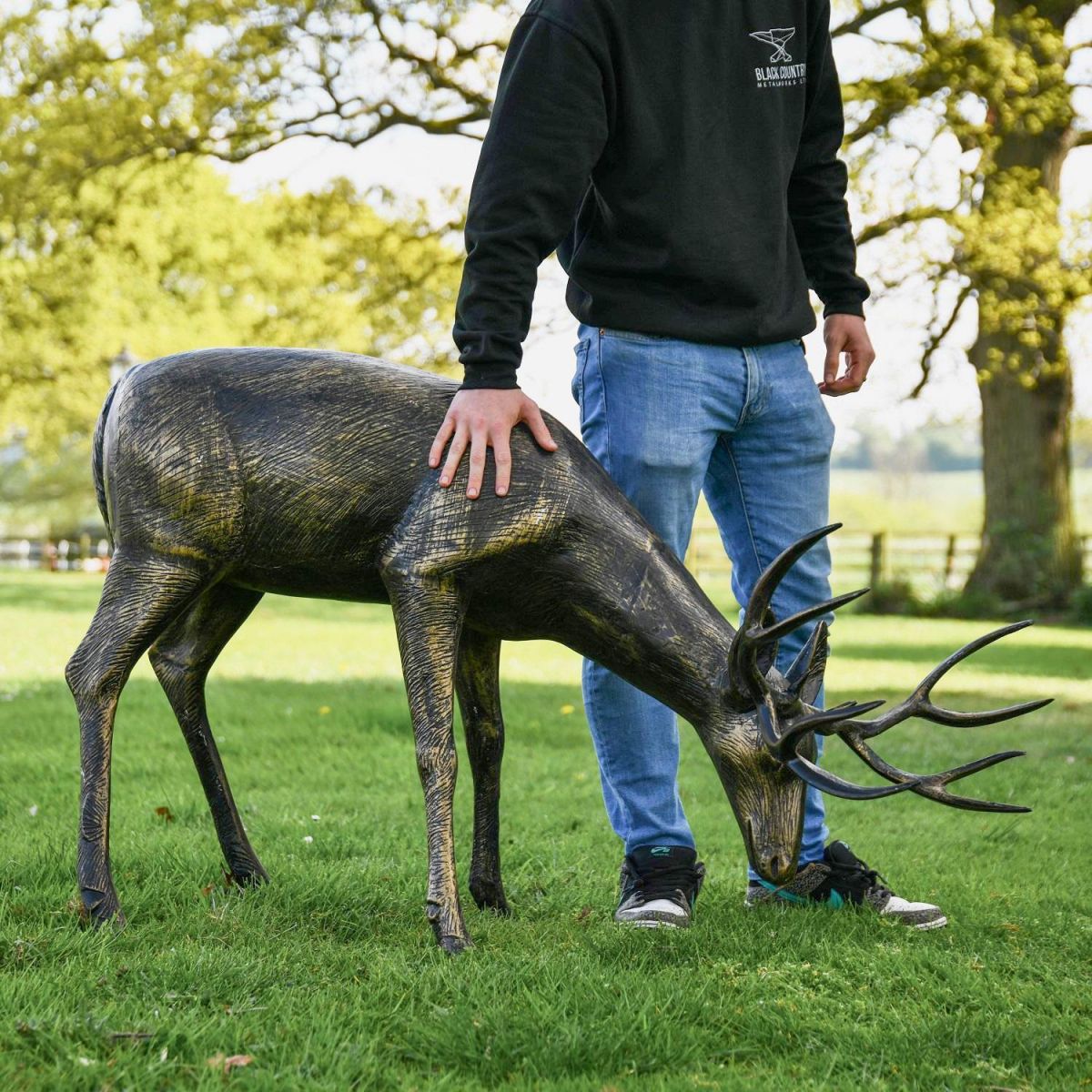 "Roe" Grazing Buck Sculpture with Male for Scale 