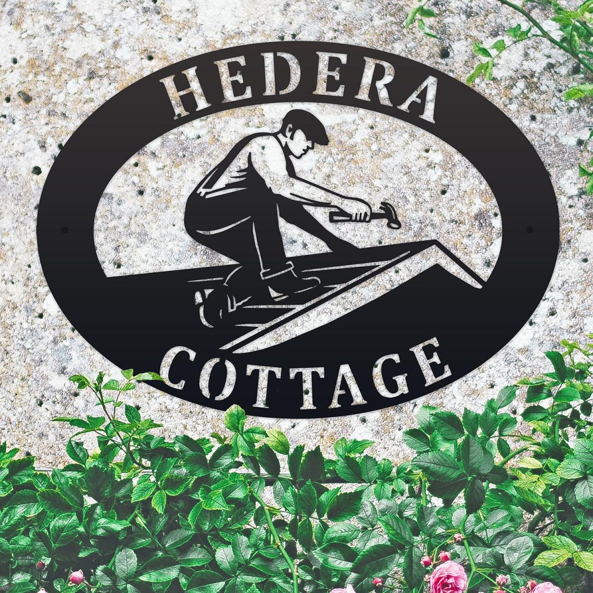 Roofer Iron Oval House Sign in situ in a Stone Wall