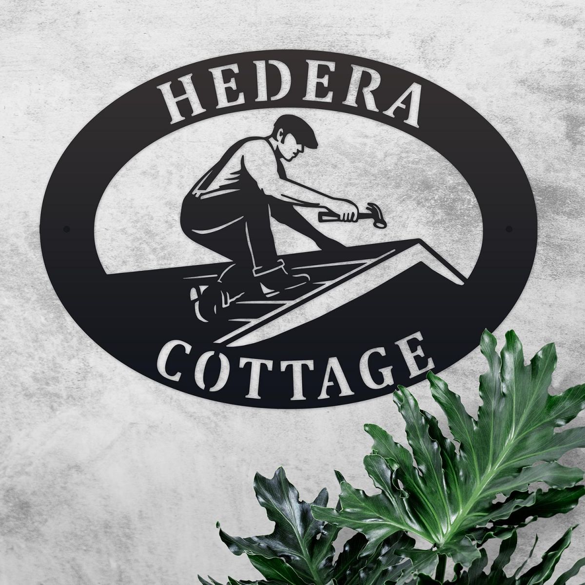 Roofer Iron Oval House Sign in Use Outdoors