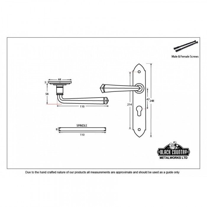 "Rosa" Gothic Lever Euro Lock Set Deimensions