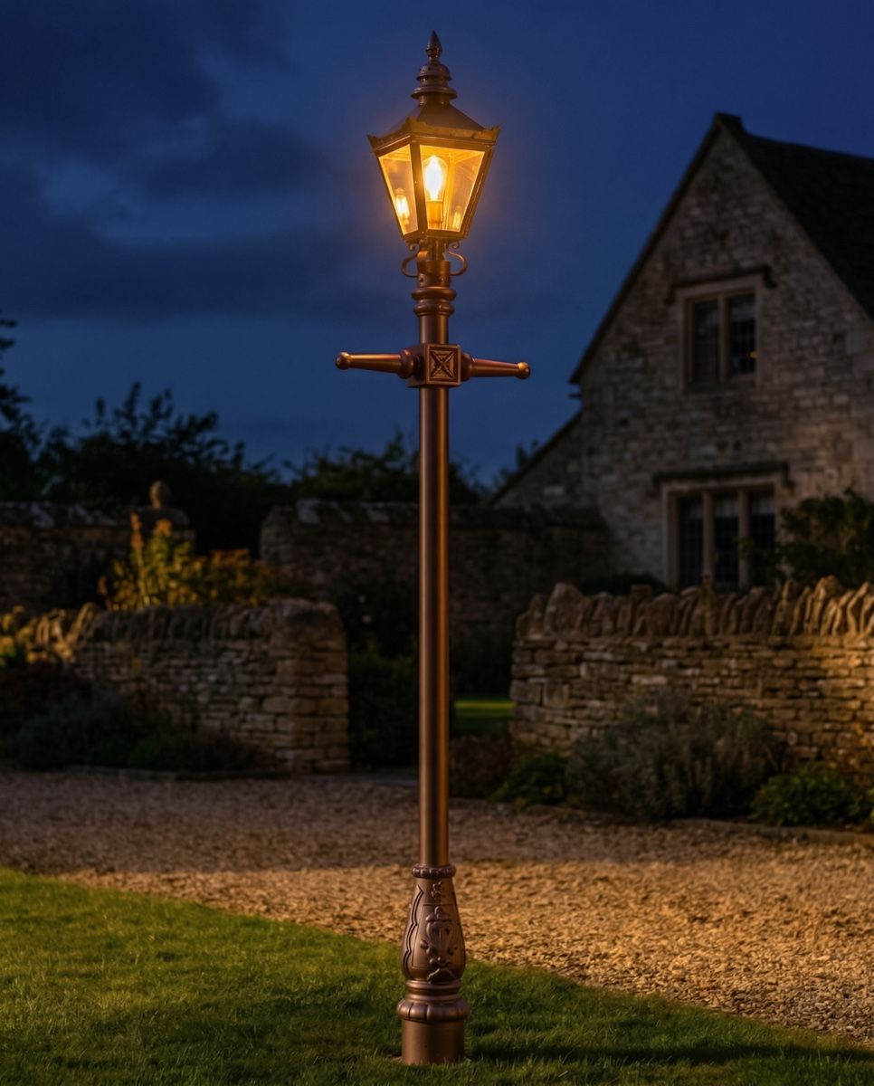 Rose Gold and Copper Finish Harrogate Lamp Post 2.25m digital illustration at night