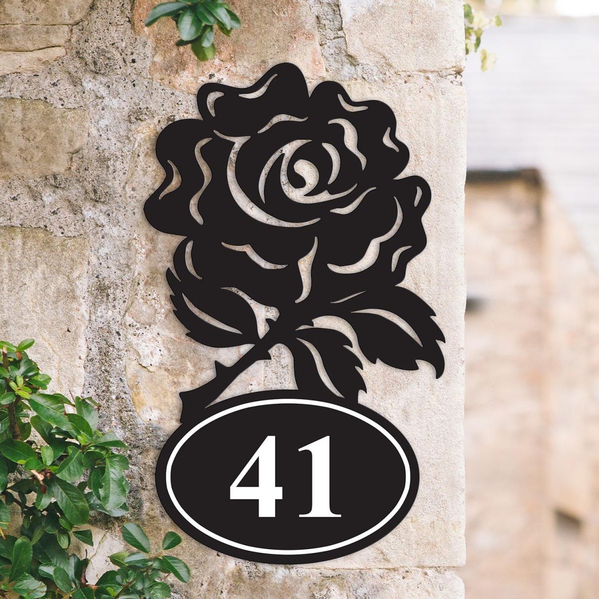 Rose Iron House Number Sign in Situ on a House