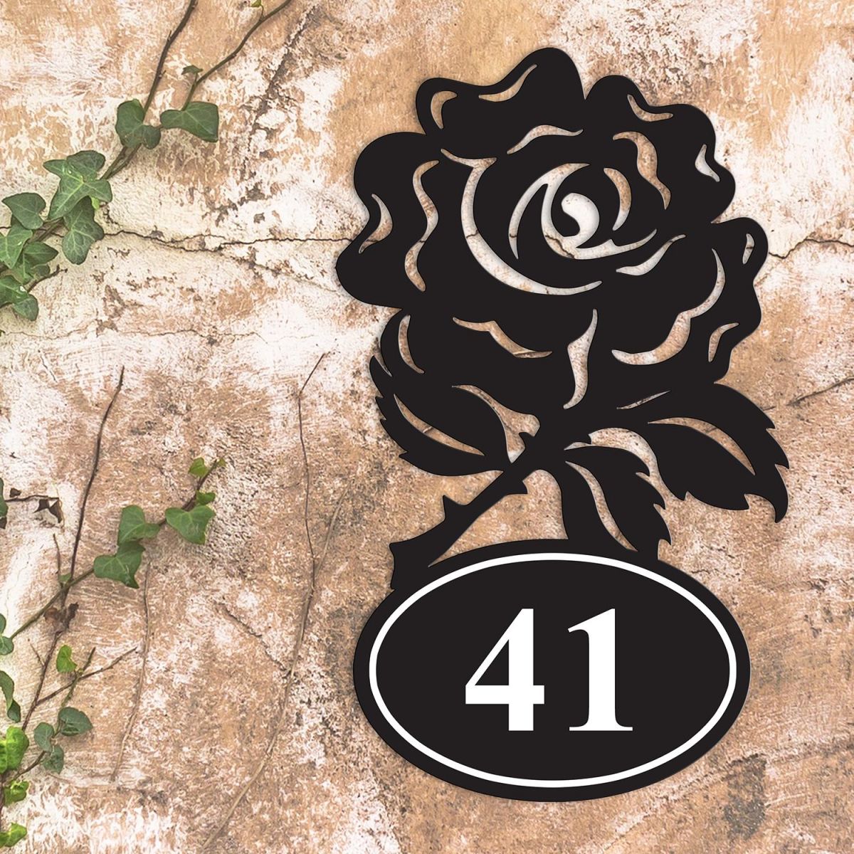 Rose Iron House Number Sign in Situ a Rustic Wall